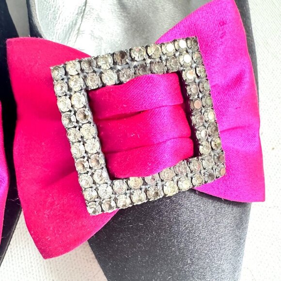 Casadei Luxe Vintage Satin Rhinestone Bow Black Pink Kitten Heels - Picture 6 of 12